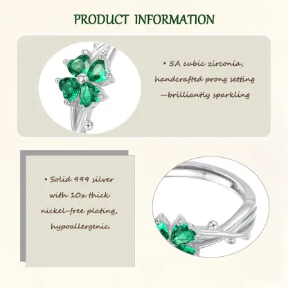 Sterling S999 Silve + 5A Grade Cubic Zirconia | Four-Leaf Clover Lucky Ring | Nickel-Free Plating | for Good Luck