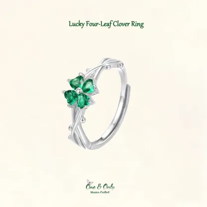 Sterling S999 Silve + 5A Grade Cubic Zirconia | Four-Leaf Clover Lucky Ring | Nickel-Free Plating | for Good Luck