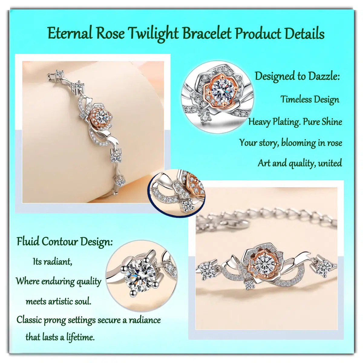 0.5ct Moissanite+Sterling S999 Silve | Moissanite Eternal Rose Twilight Bracelet | Where Rose Gold Warmth Meets White Gold Brilliance |Best Gift