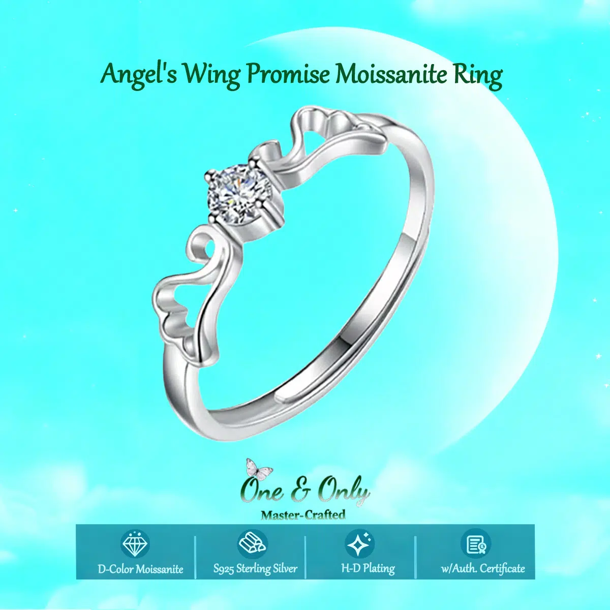  0.5Ct Moissanite+Sterling 925 Silver  |Moissanite "Angel's Wing" Promise Ring | A Symbol of Protection & Inner Courage