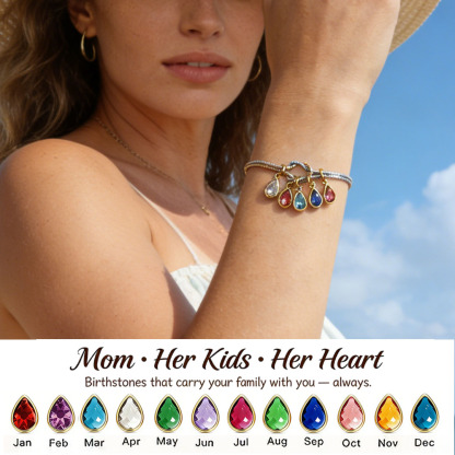 💧 Custom Teardrop Birthstone Bracelet – Personalized for Mom – Up to 14 Heart-Shaped Birthstones 