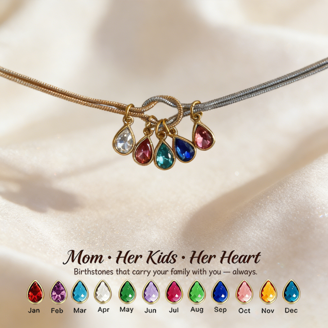 💧 Custom Teardrop Birthstone Bracelet – Personalized for Mom – Up to 14 Heart-Shaped Birthstones 