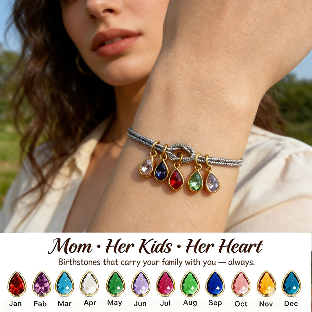 💧 Custom Teardrop Birthstone Bracelet – Personalized for Mom – Up to 14 Heart-Shaped Birthstones 