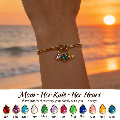 💧 Custom Teardrop Birthstone Bracelet – Personalized for Mom – Up to 14 Heart-Shaped Birthstones 