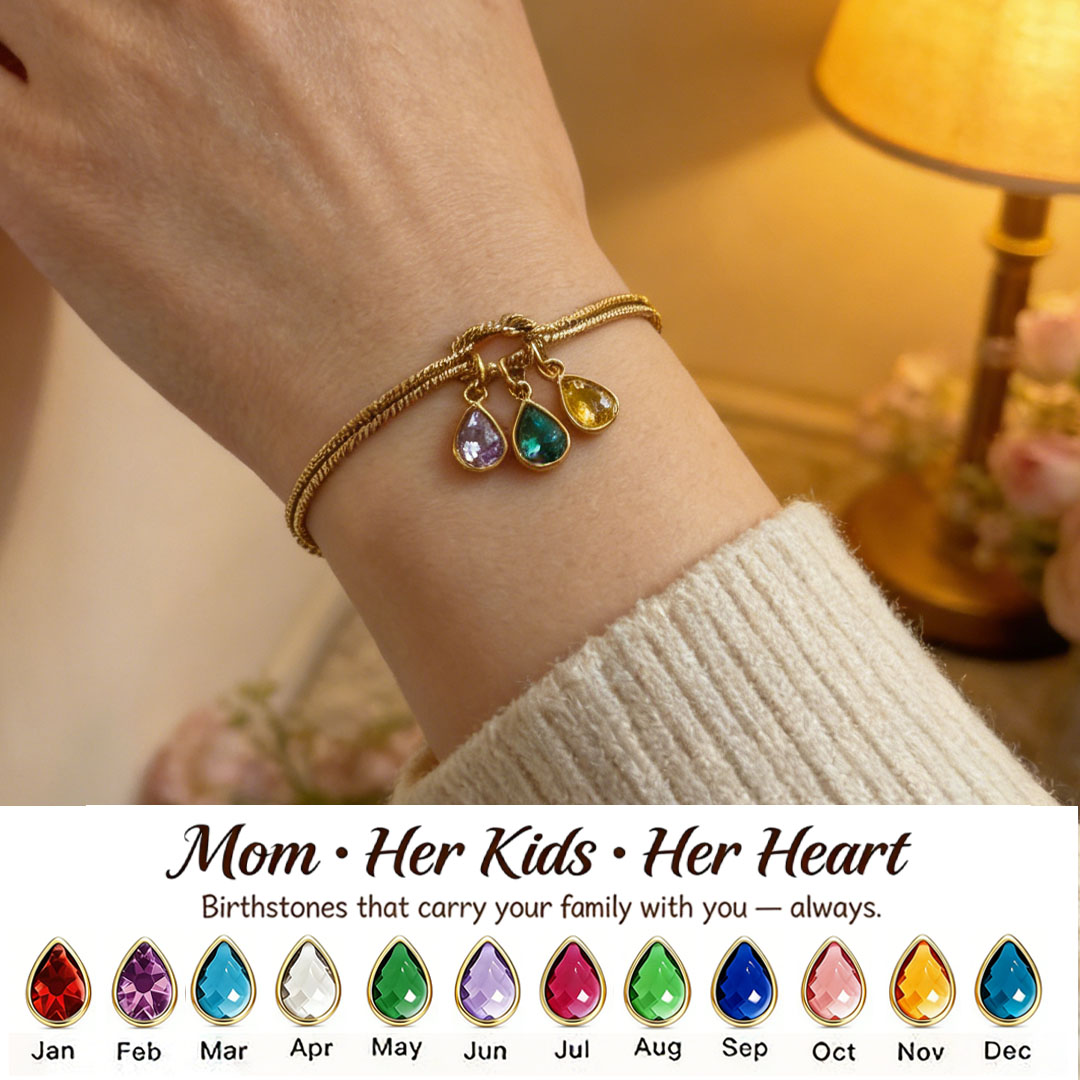 💧 Custom Teardrop Birthstone Bracelet – Personalized for Mom – Up to 14 Heart-Shaped Birthstones 