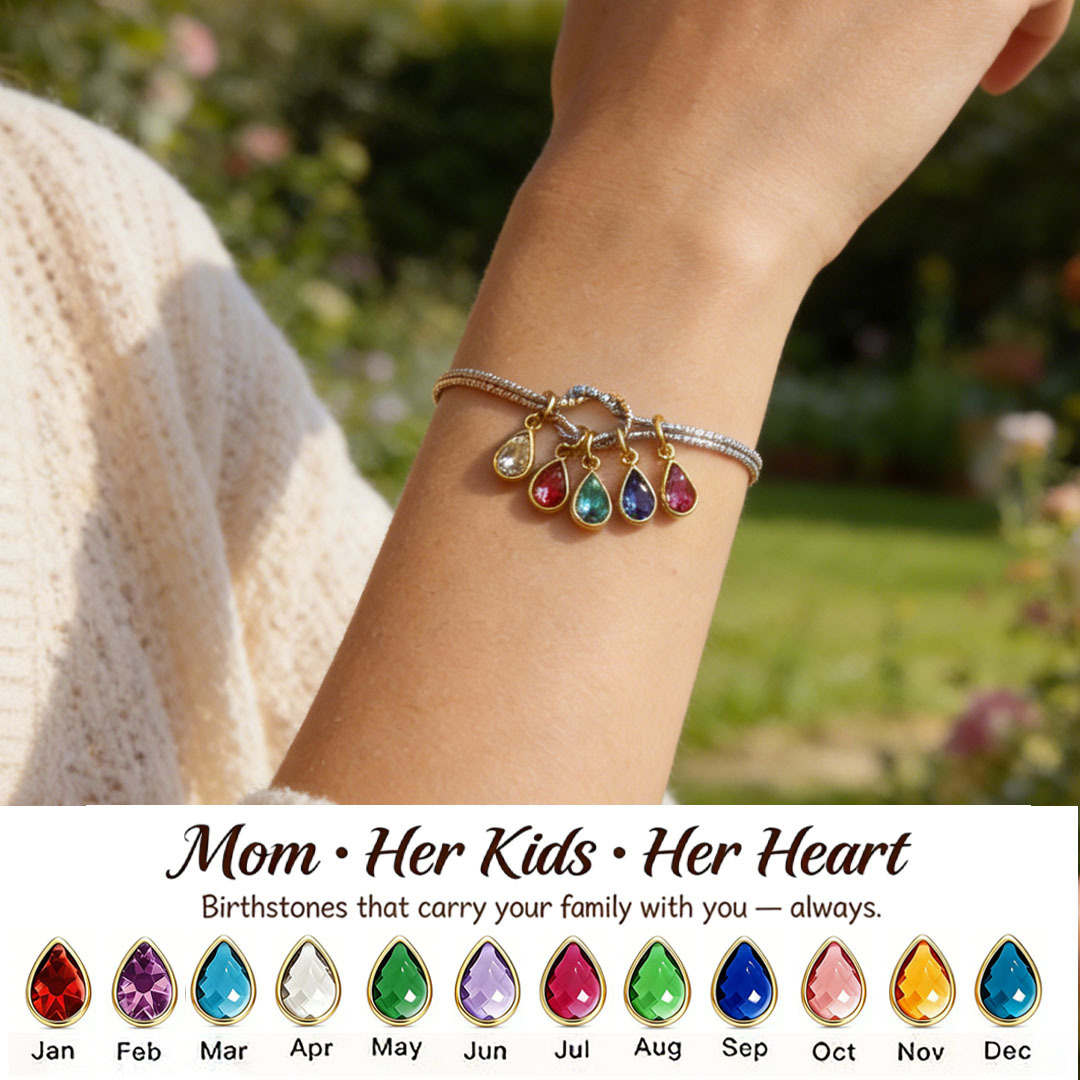 💧 Custom Teardrop Birthstone Bracelet – Personalized for Mom – Up to 14 Heart-Shaped Birthstones 
