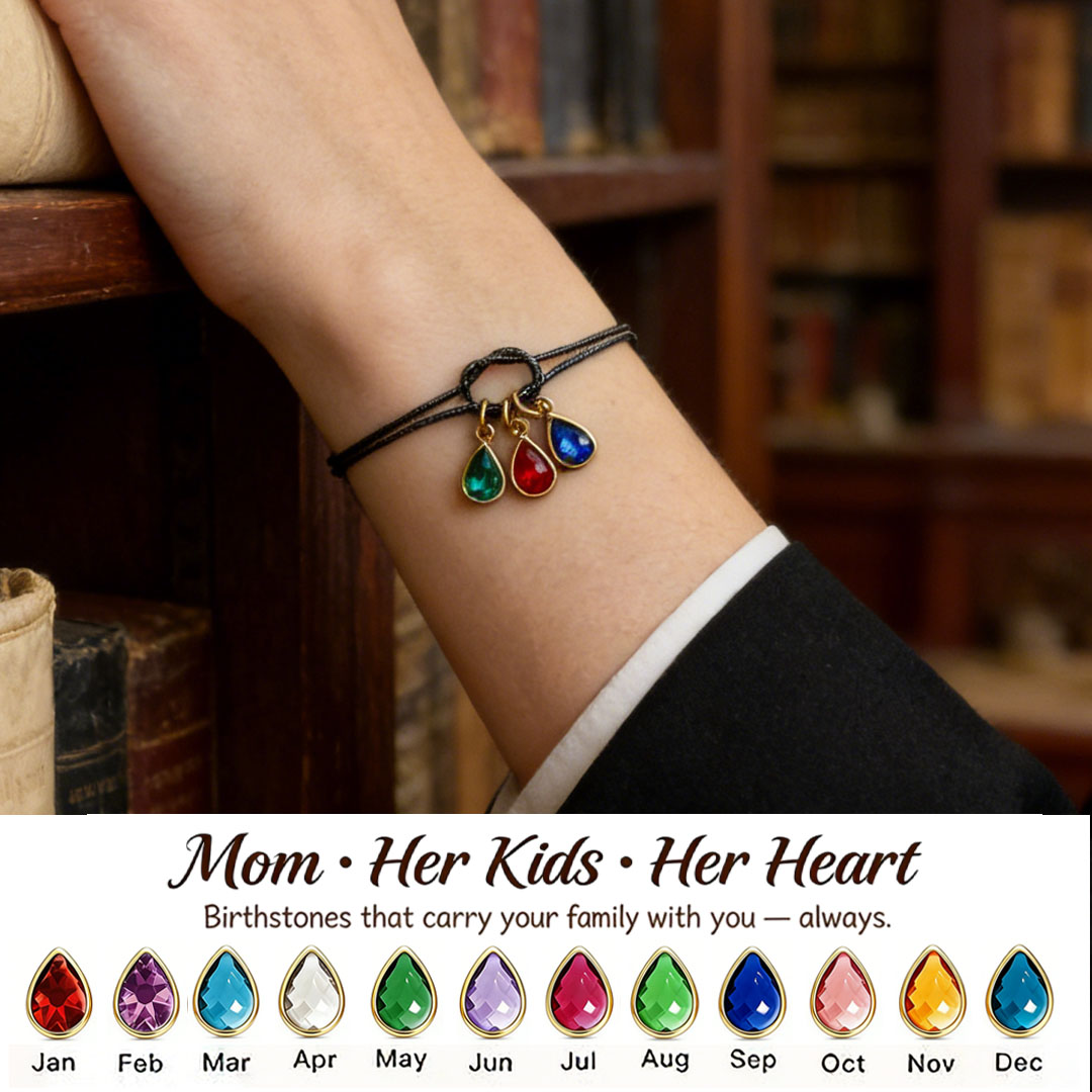💧 Custom Teardrop Birthstone Bracelet – Personalized for Mom – Up to 14 Heart-Shaped Birthstones 