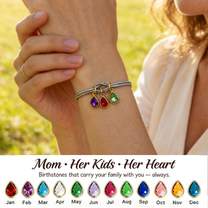 💧 Custom Teardrop Birthstone Bracelet – Personalized for Mom – Up to 14 Heart-Shaped Birthstones 