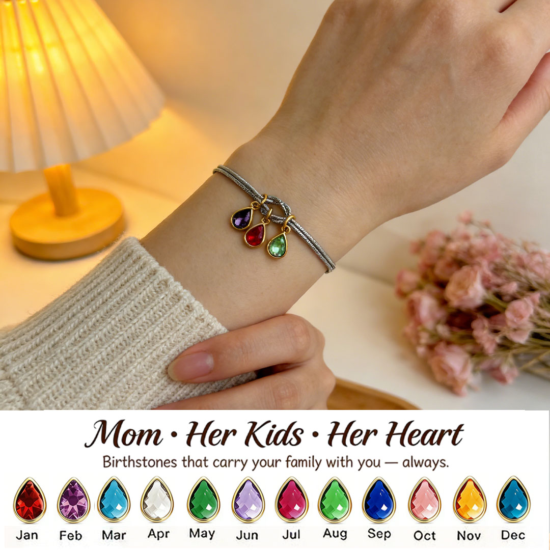 💧 Custom Teardrop Birthstone Bracelet – Personalized for Mom – Up to 14 Heart-Shaped Birthstones 