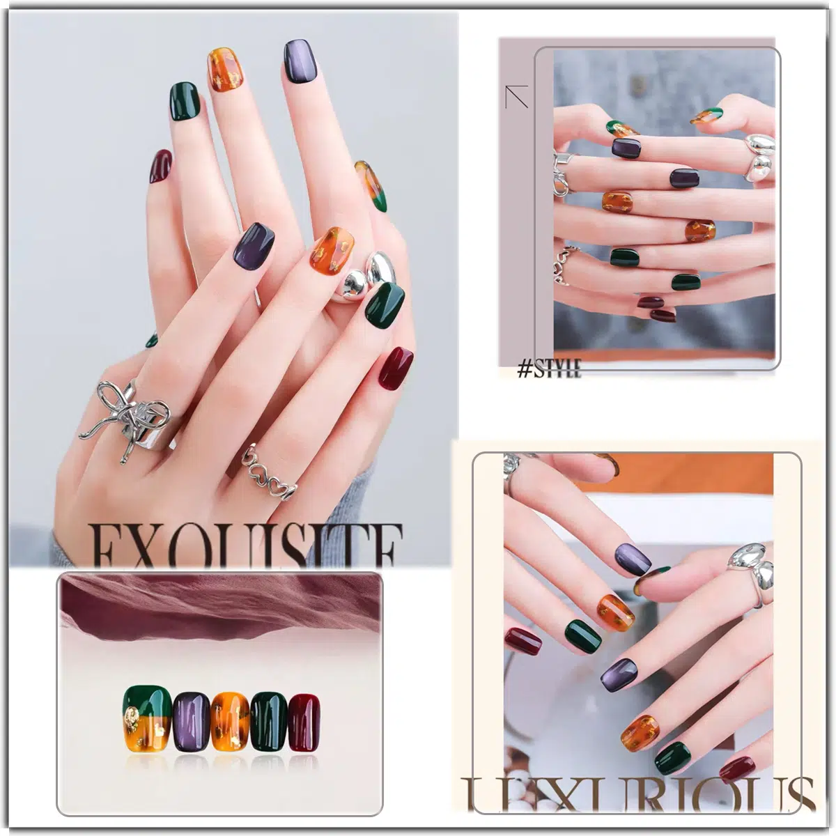Multicolor Press-On Nails Set | Elegant Green to Orange Ombré with Gold Foil & Floral Accents for Holiday & Daily Wear