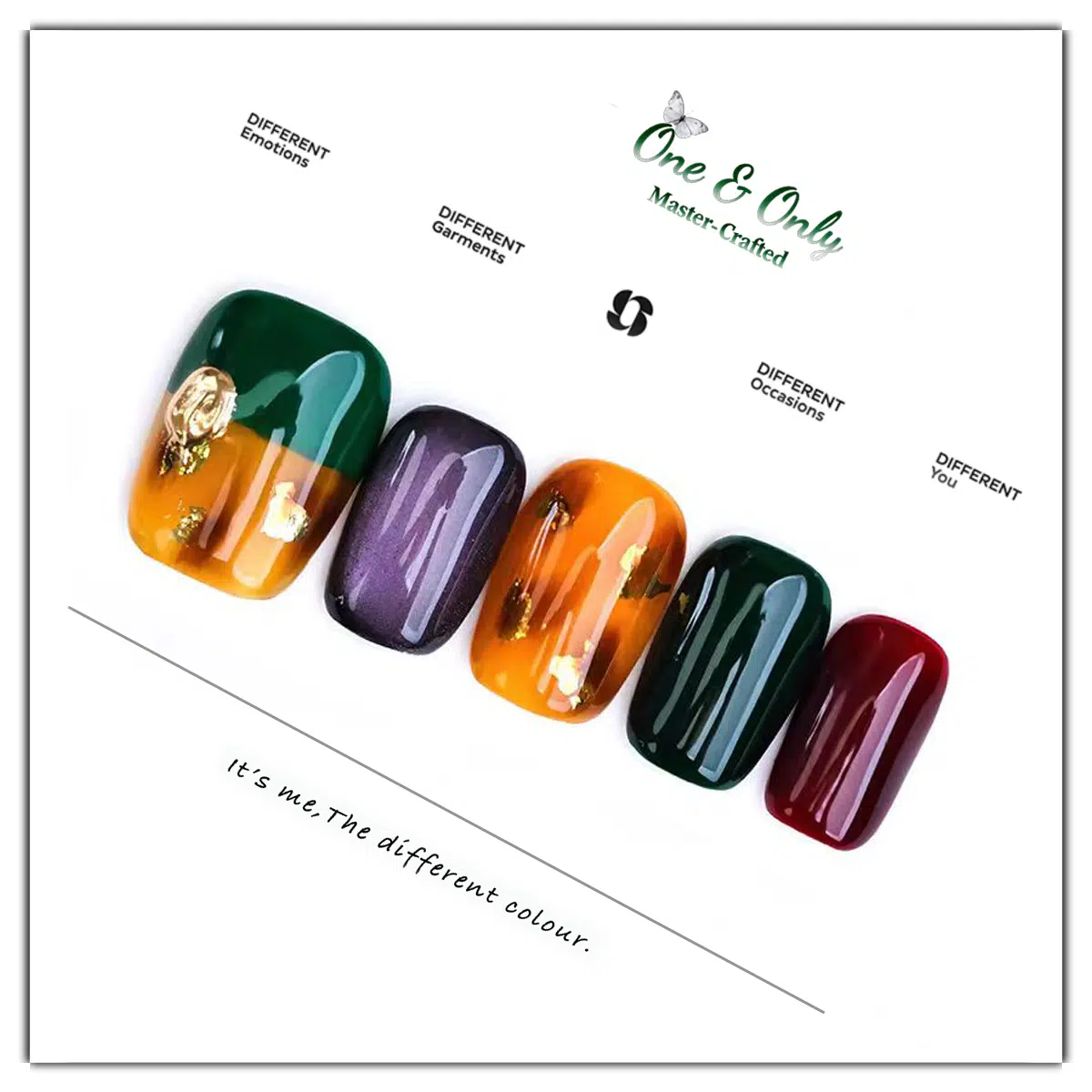 Multicolor Press-On Nails Set | Elegant Green to Orange Ombré with Gold Foil & Floral Accents for Holiday & Daily Wear