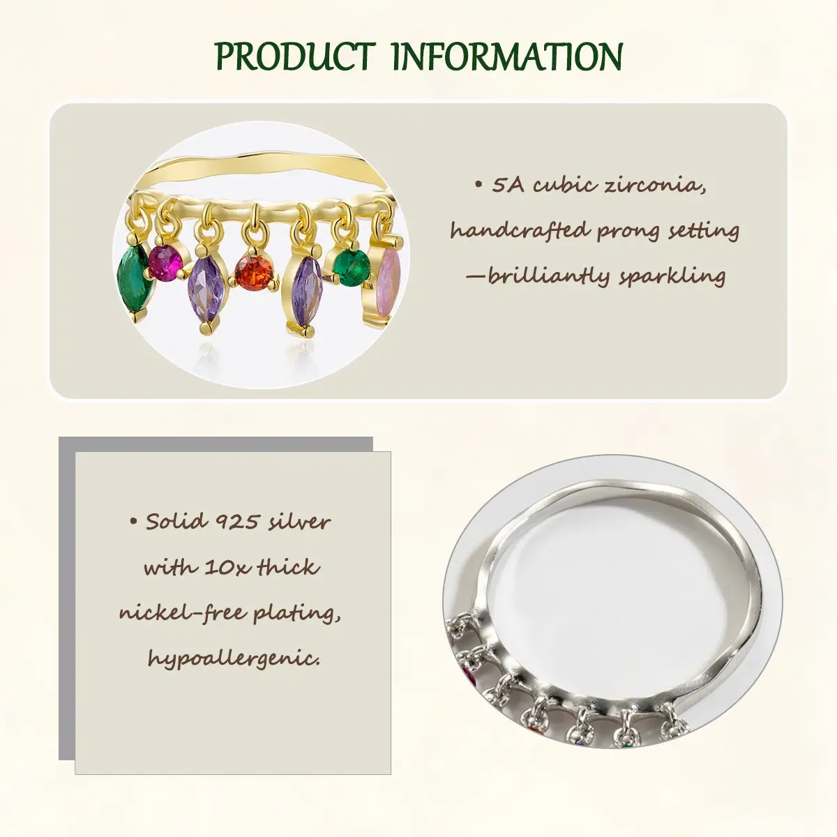 Sterling S925 Silver + 5A Cubic Zirconia | Rainbow Waterfall Energy Gem Ring | Nickel-Free Plating