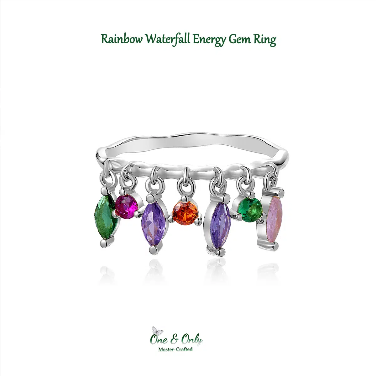 Sterling S925 Silver + 5A Cubic Zirconia | Rainbow Waterfall Energy Gem Ring | Nickel-Free Plating