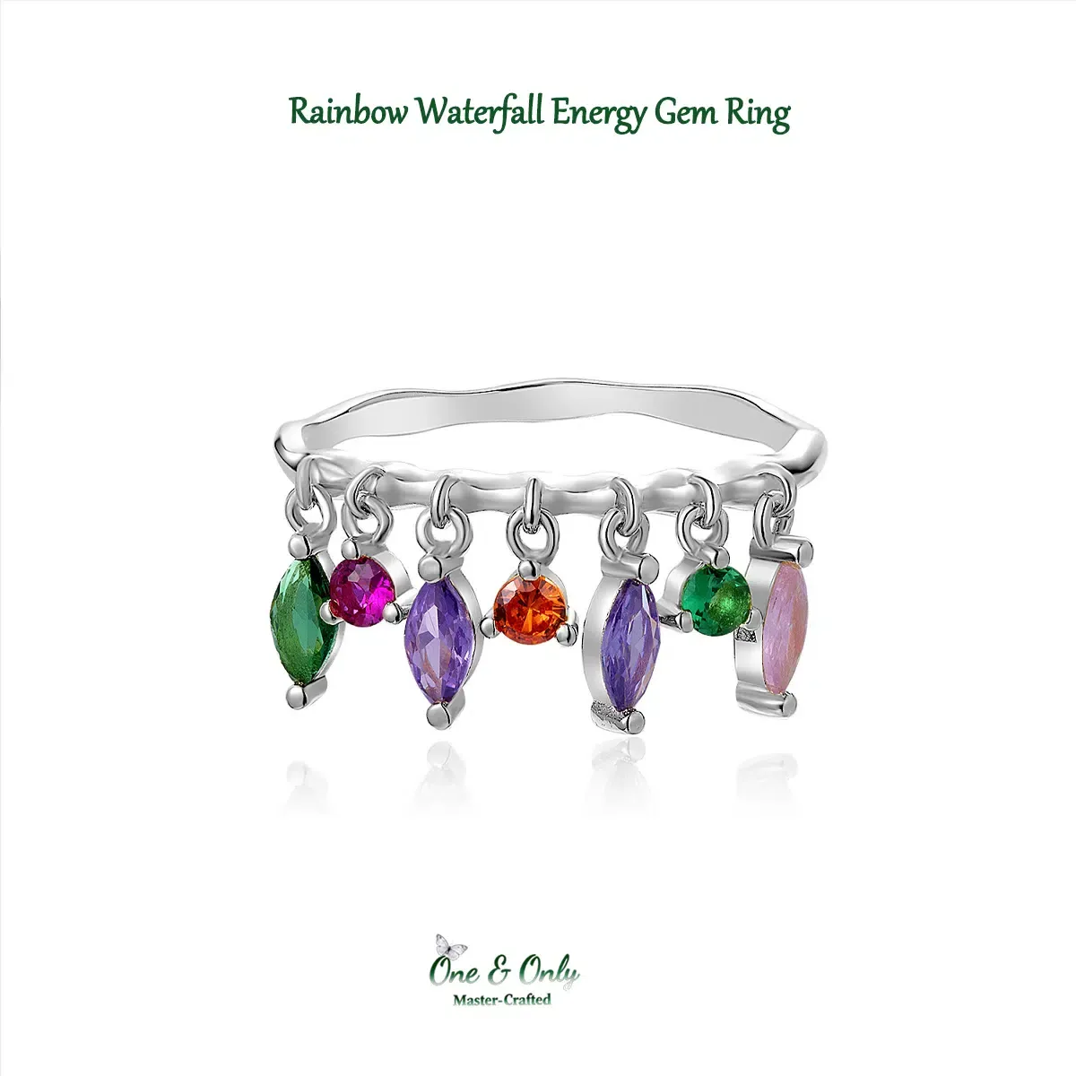 Sterling S925 Silver + 5A Cubic Zirconia | Rainbow Waterfall Energy Gem Ring | Nickel-Free Plating