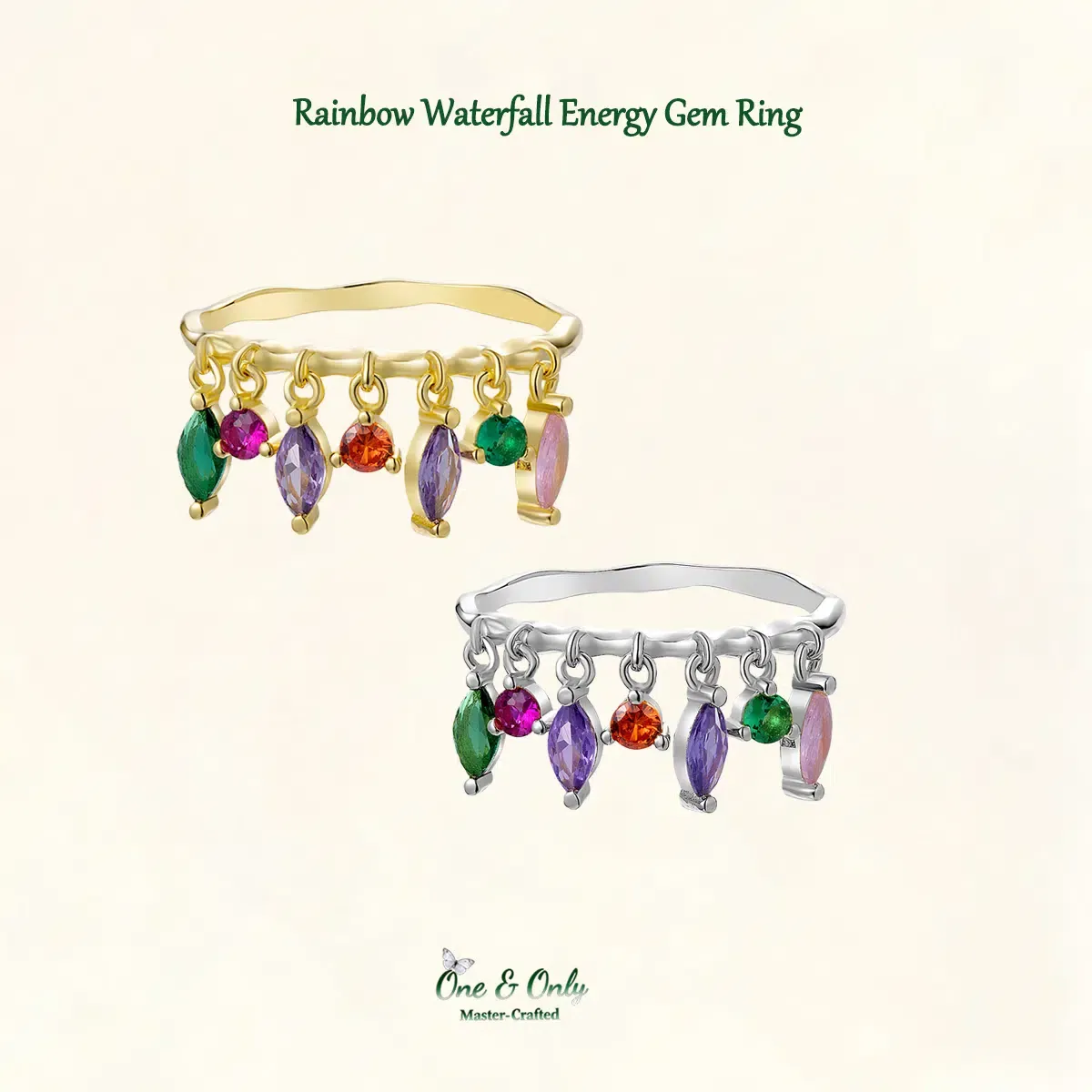 Sterling S925 Silver + 5A Cubic Zirconia | Rainbow Waterfall Energy Gem Ring | Nickel-Free Plating