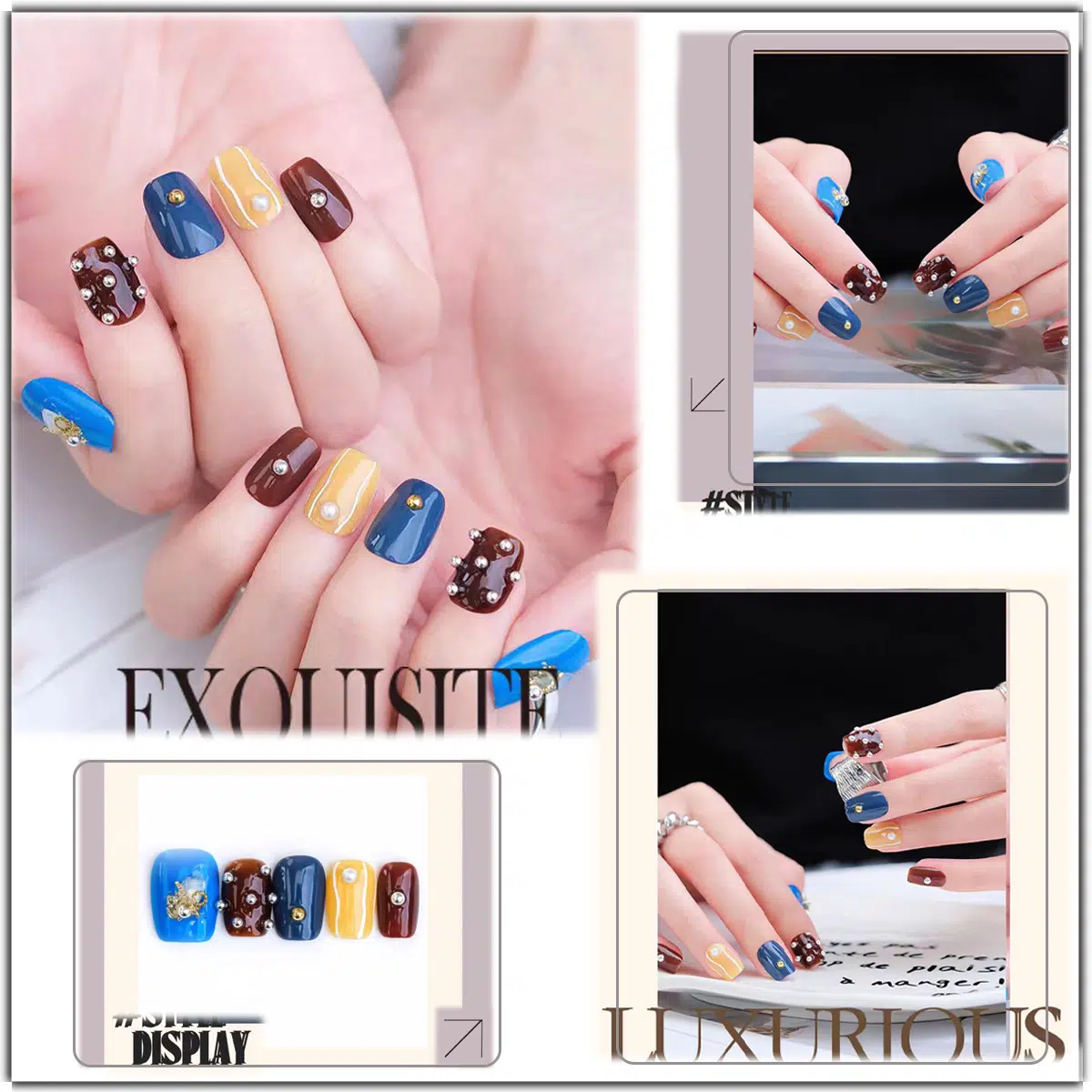 Regal Gem Press-On Nails Set | 5-Color Luxury Nail Art with Gold & Silver Crystal Accents for Elegant Daily Style