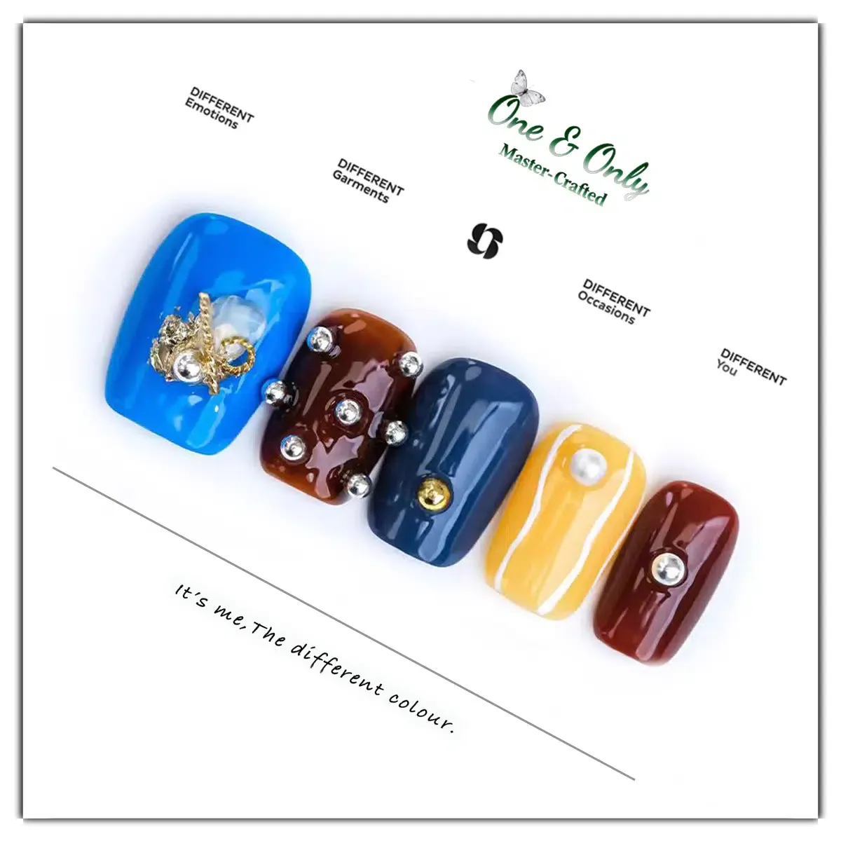 Regal Gem Press-On Nails Set | 5-Color Luxury Nail Art with Gold & Silver Crystal Accents for Elegant Daily Style