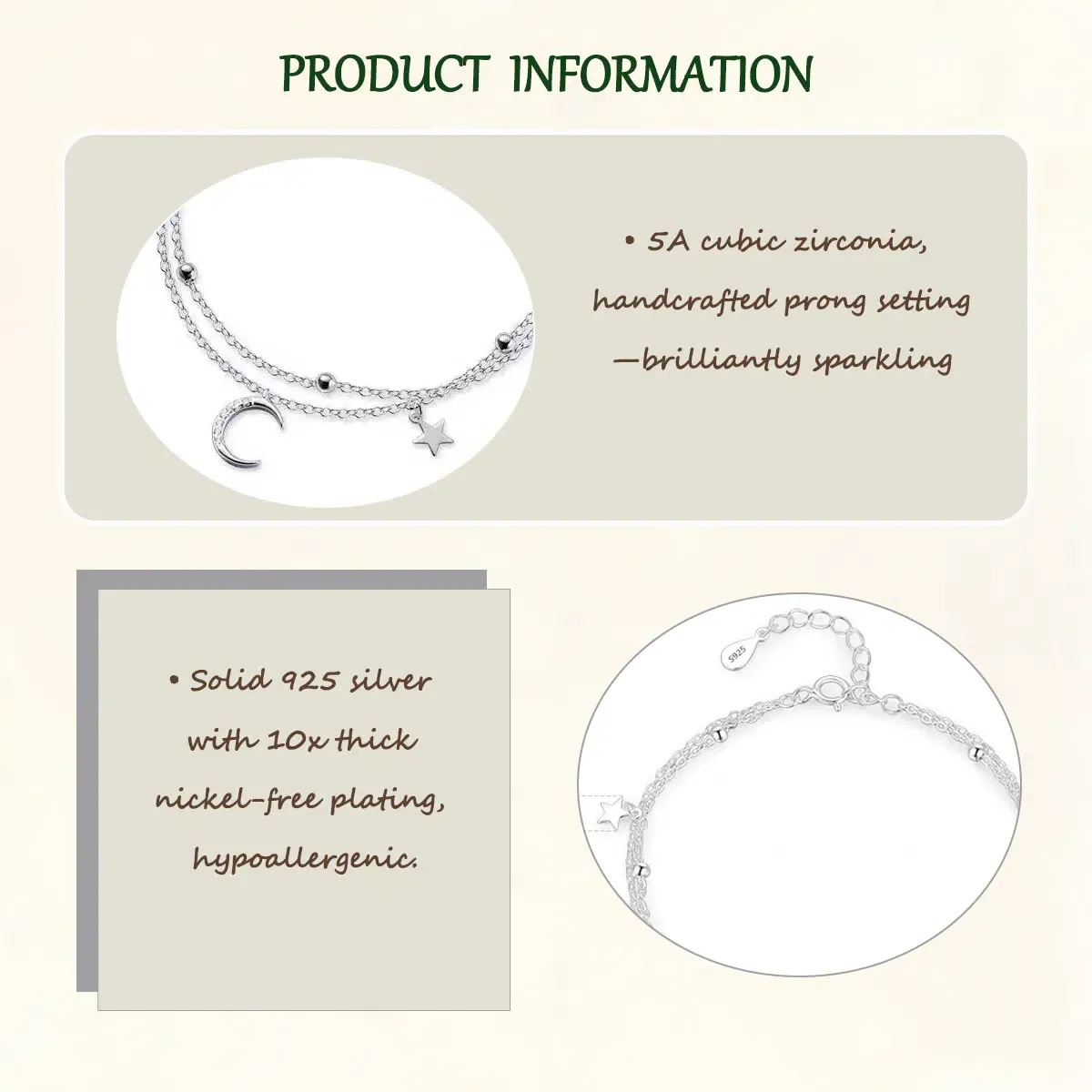 Sterling S925 Silve + 5A Zircon | Star & Moon Wishbone Bracelet​ ​ | Nickel-Free Plating