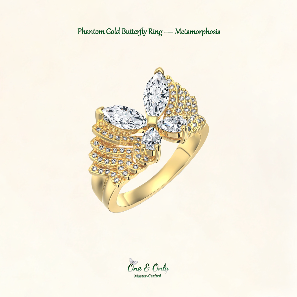 Sterling S925 Silve + 5A Grade Cubic Zirconia  | ​Phantom Gold Butterfly Ring — Metamorphosis | Spiritual Transformation Ring