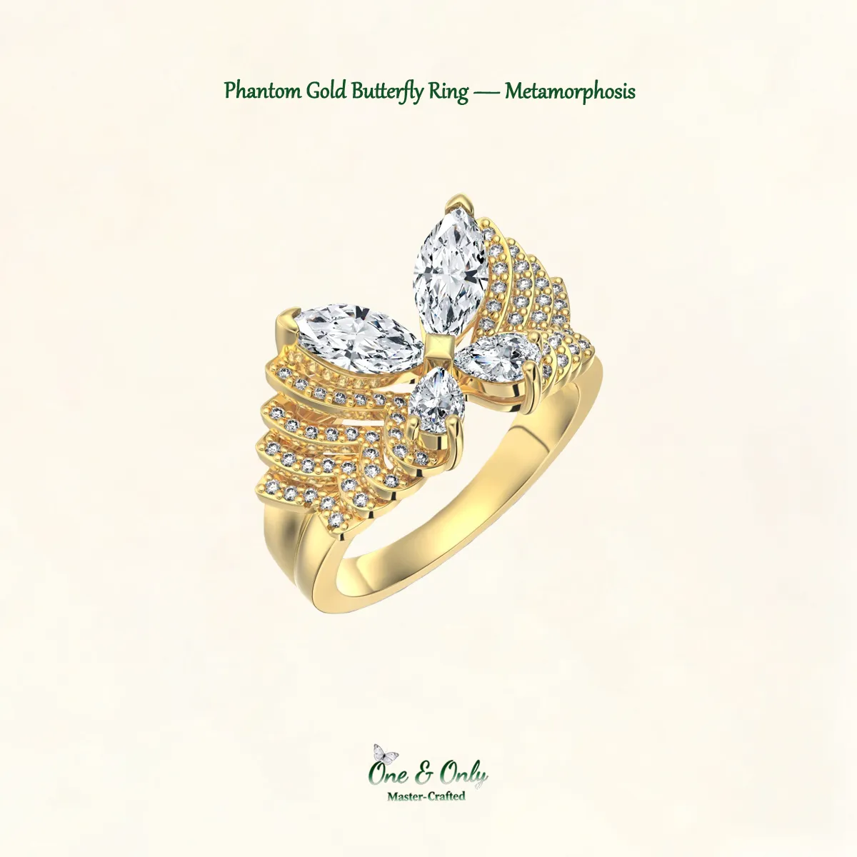 Sterling S925 Silve + 5A Grade Cubic Zirconia  | ​Phantom Gold Butterfly Ring — Metamorphosis | Spiritual Transformation Ring