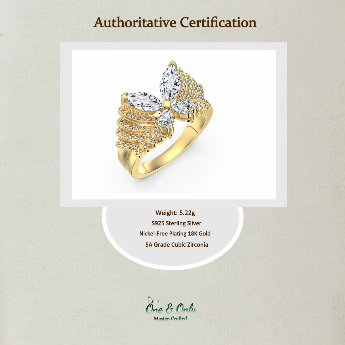 Sterling S925 Silve + 5A Grade Cubic Zirconia  | ​Phantom Gold Butterfly Ring — Metamorphosis | Spiritual Transformation Ring