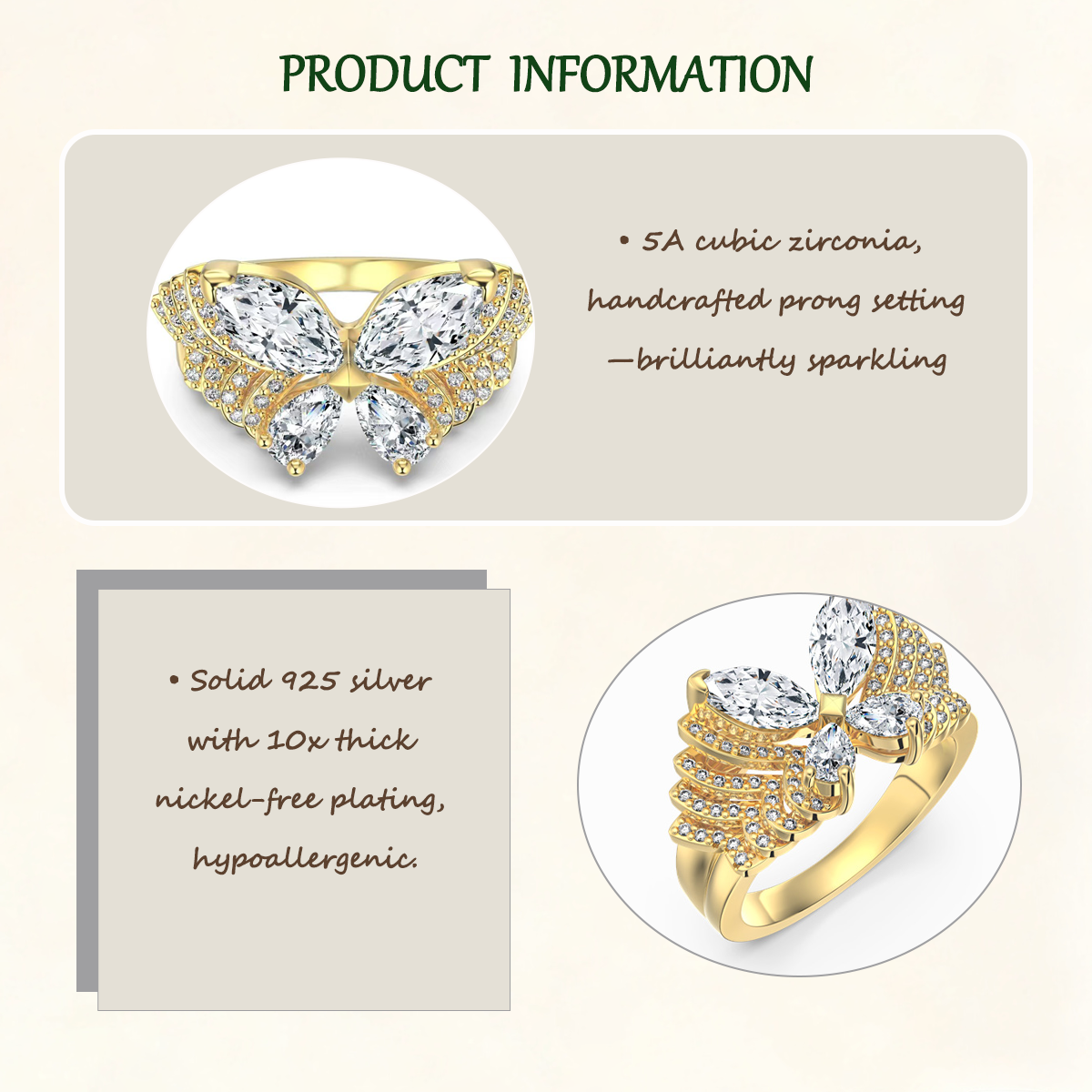 Sterling S925 Silve + 5A Grade Cubic Zirconia  | ​Phantom Gold Butterfly Ring — Metamorphosis | Spiritual Transformation Ring