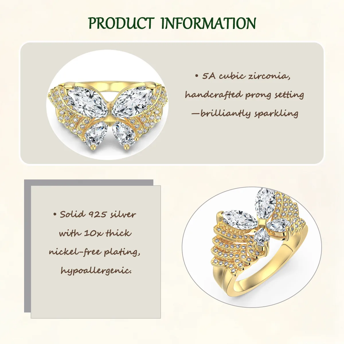 Sterling S925 Silve + 5A Grade Cubic Zirconia  | ​Phantom Gold Butterfly Ring — Metamorphosis | Spiritual Transformation Ring