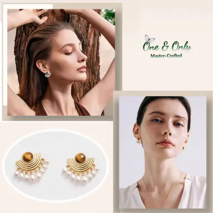 Crafted with hypoallergenic sterling silver posts and brass alloy frame | The Phantom's Opera Tiger's Eye & Pearl Earrings