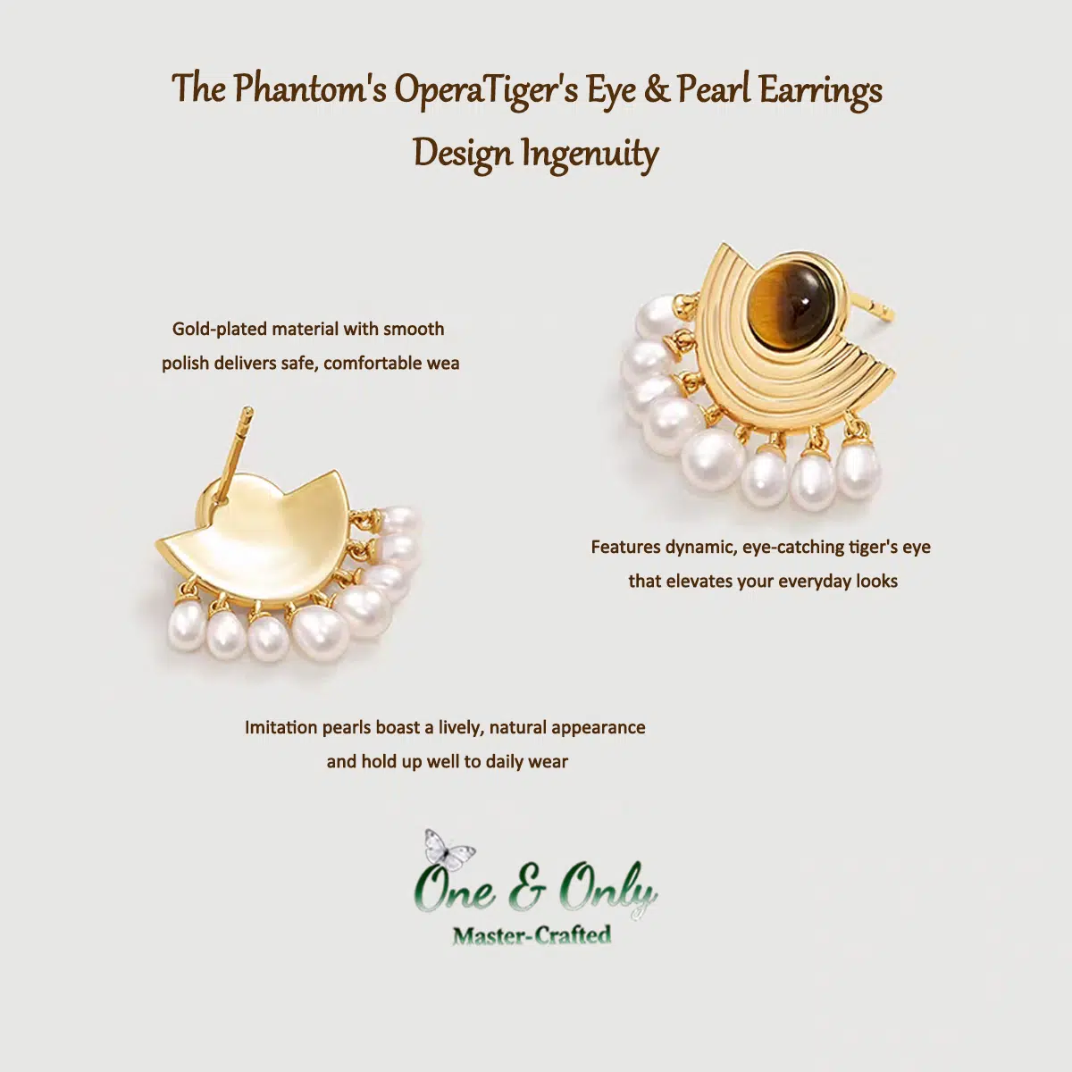 Crafted with hypoallergenic sterling silver posts and brass alloy frame | The Phantom's Opera Tiger's Eye & Pearl Earrings