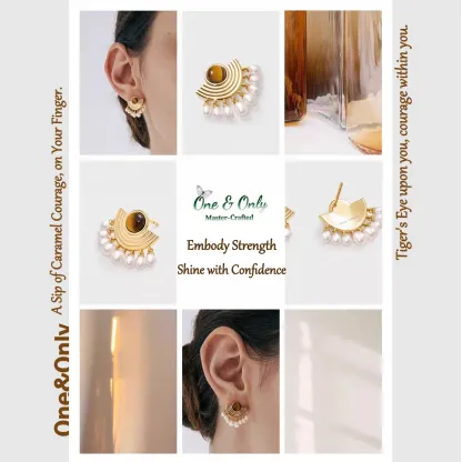 Crafted with hypoallergenic sterling silver posts and brass alloy frame | The Phantom's Opera Tiger's Eye & Pearl Earrings