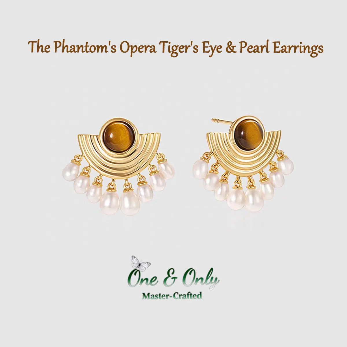 Crafted with hypoallergenic sterling silver posts and brass alloy frame | The Phantom's Opera Tiger's Eye & Pearl Earrings
