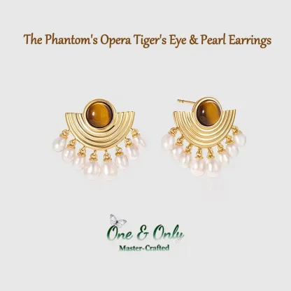 Crafted with hypoallergenic sterling silver posts and brass alloy frame | The Phantom's Opera Tiger's Eye & Pearl Earrings