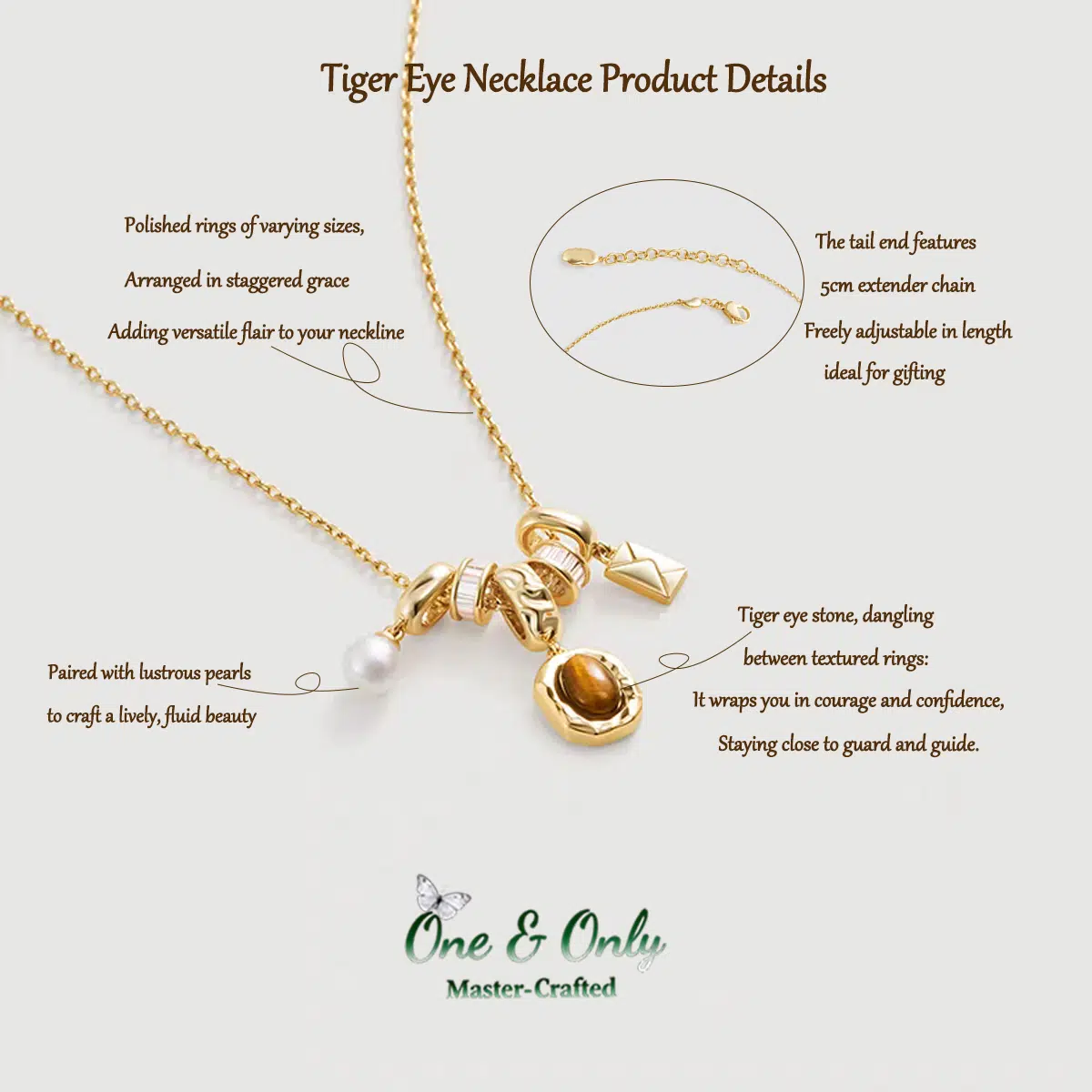 Tiger's Eye Multi-Layer Pearl Necklace - "Courage Gaze" - Adjustable Layering Necklace for Women, Empowerment Jewelry Gift