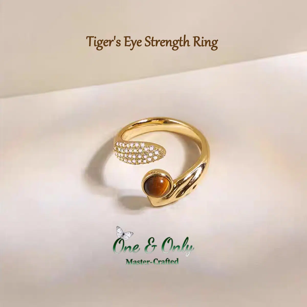 Tiger's Eye Strength Ring | Adjustable Gold-Plated Statement Ring with Zircon Accents | A Stone of Courage, A Symbol of You