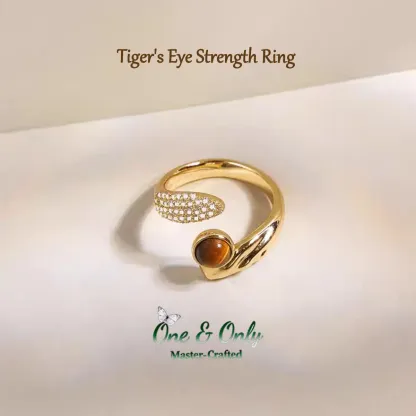 Tiger's Eye Strength Ring | Adjustable Gold-Plated Statement Ring with Zircon Accents | A Stone of Courage, A Symbol of You