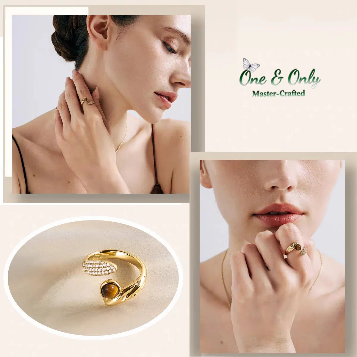 Tiger's Eye Strength Ring | Adjustable Gold-Plated Statement Ring with Zircon Accents | A Stone of Courage, A Symbol of You