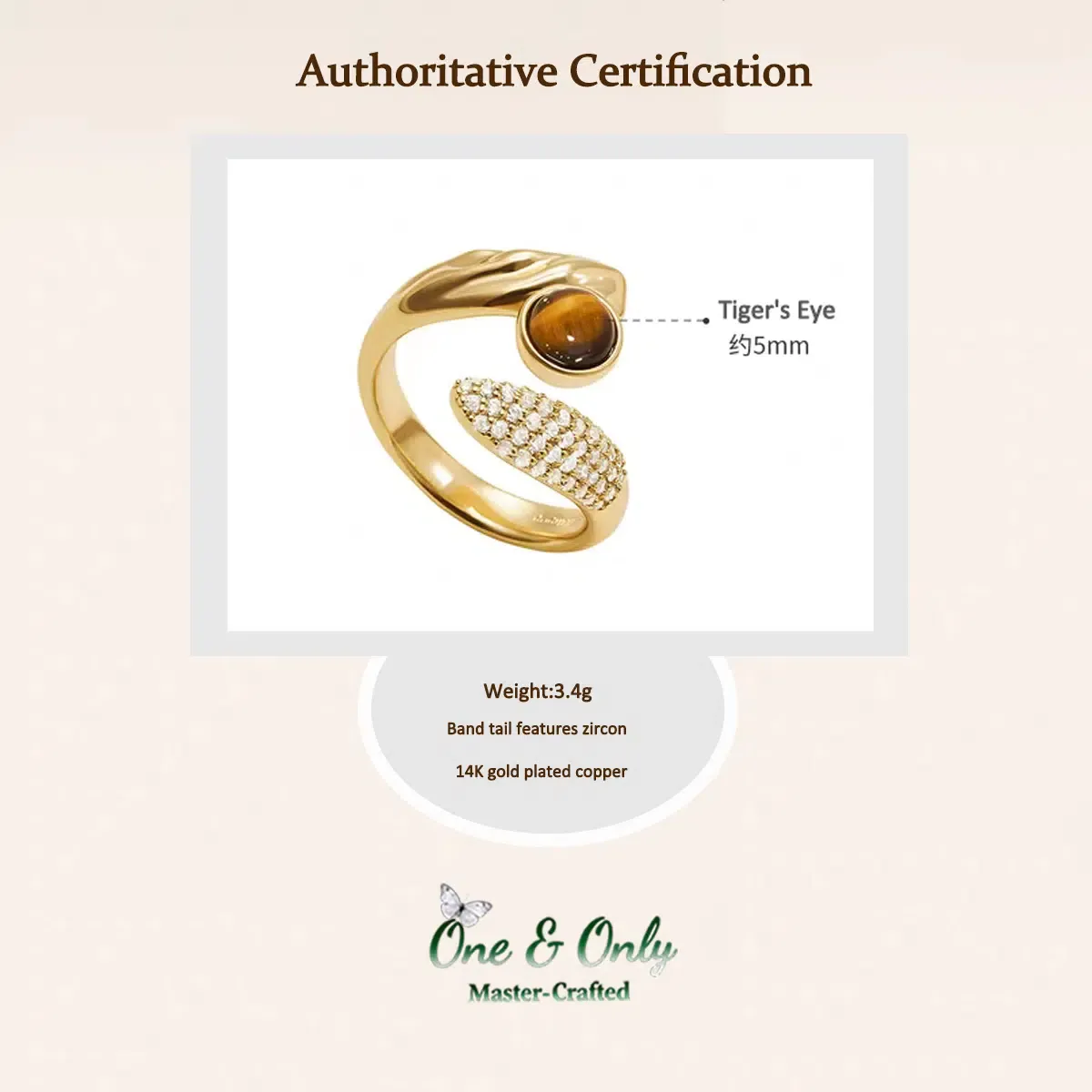 Tiger's Eye Strength Ring | Adjustable Gold-Plated Statement Ring with Zircon Accents | A Stone of Courage, A Symbol of You