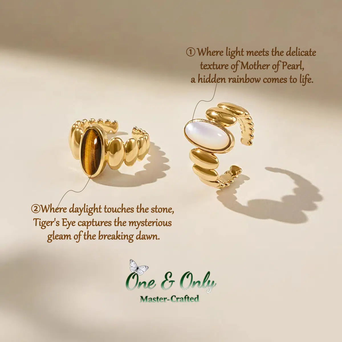 Tiger's Eye and Mother of Pearl Rings | Chakra Balancing Jewelry | Empowerment and Protection Gift | Retro-Chic Elegance for Everyday Luxury