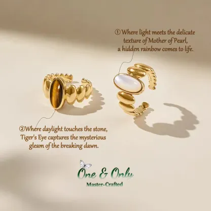 Tiger's Eye and Mother of Pearl Rings | Chakra Balancing Jewelry | Empowerment and Protection Gift | Retro-Chic Elegance for Everyday Luxury