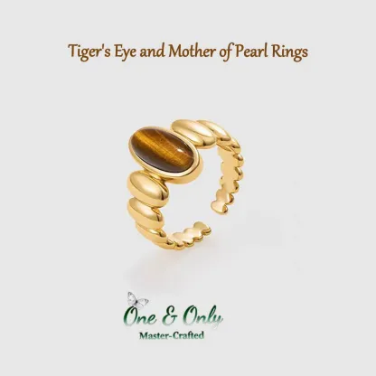 Tiger's Eye and Mother of Pearl Rings | Chakra Balancing Jewelry | Empowerment and Protection Gift | Retro-Chic Elegance for Everyday Luxury