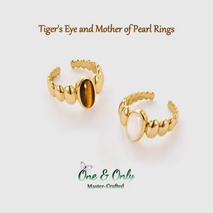 Tiger's Eye and Mother of Pearl Rings | Chakra Balancing Jewelry | Empowerment and Protection Gift | Retro-Chic Elegance for Everyday Luxury