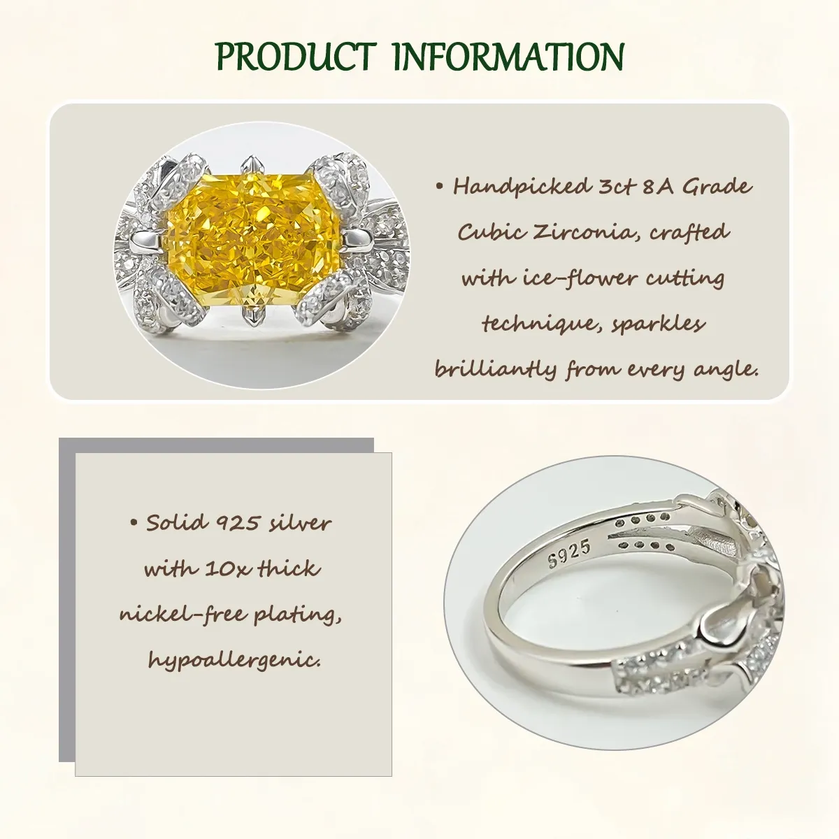 3ct Cubic Zirconia 8A Grade  + Sterling S925 Silver | Wealth Attraction Yellow Simulated Diamond Ring | ​Attract Abundance, Wear Your Success