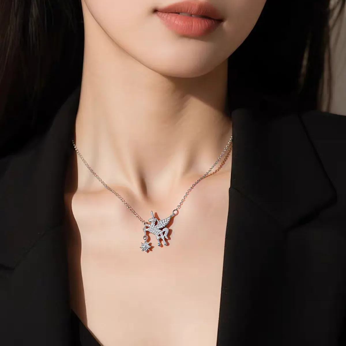 Sterling S925 Silver + 5A cubic zirconia | Wishing Star Unicorn Necklace​ | Christmas gift jewelry | Mythical Magic Necklace