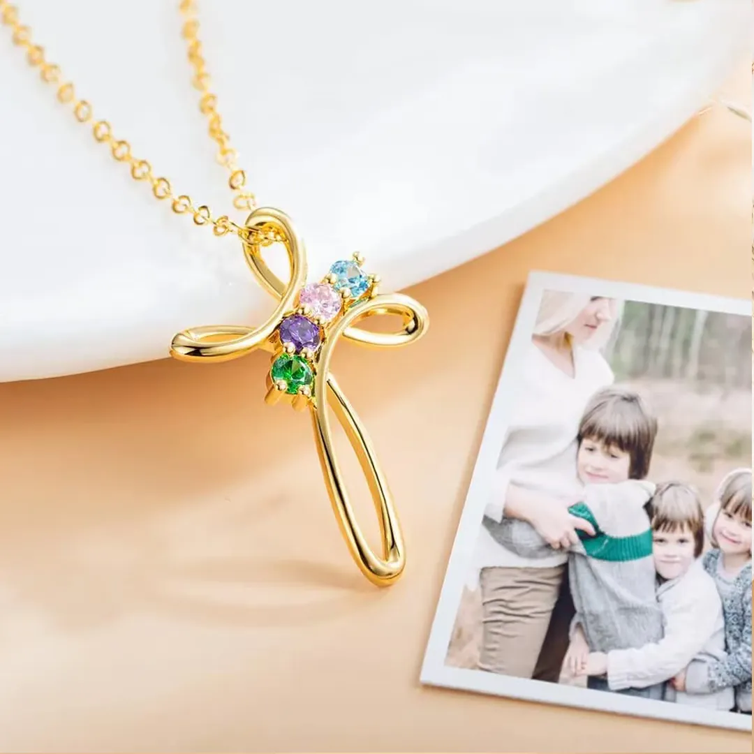 Personalized Cross Birthstone Necklace – Customizable for Mom &  Kids 