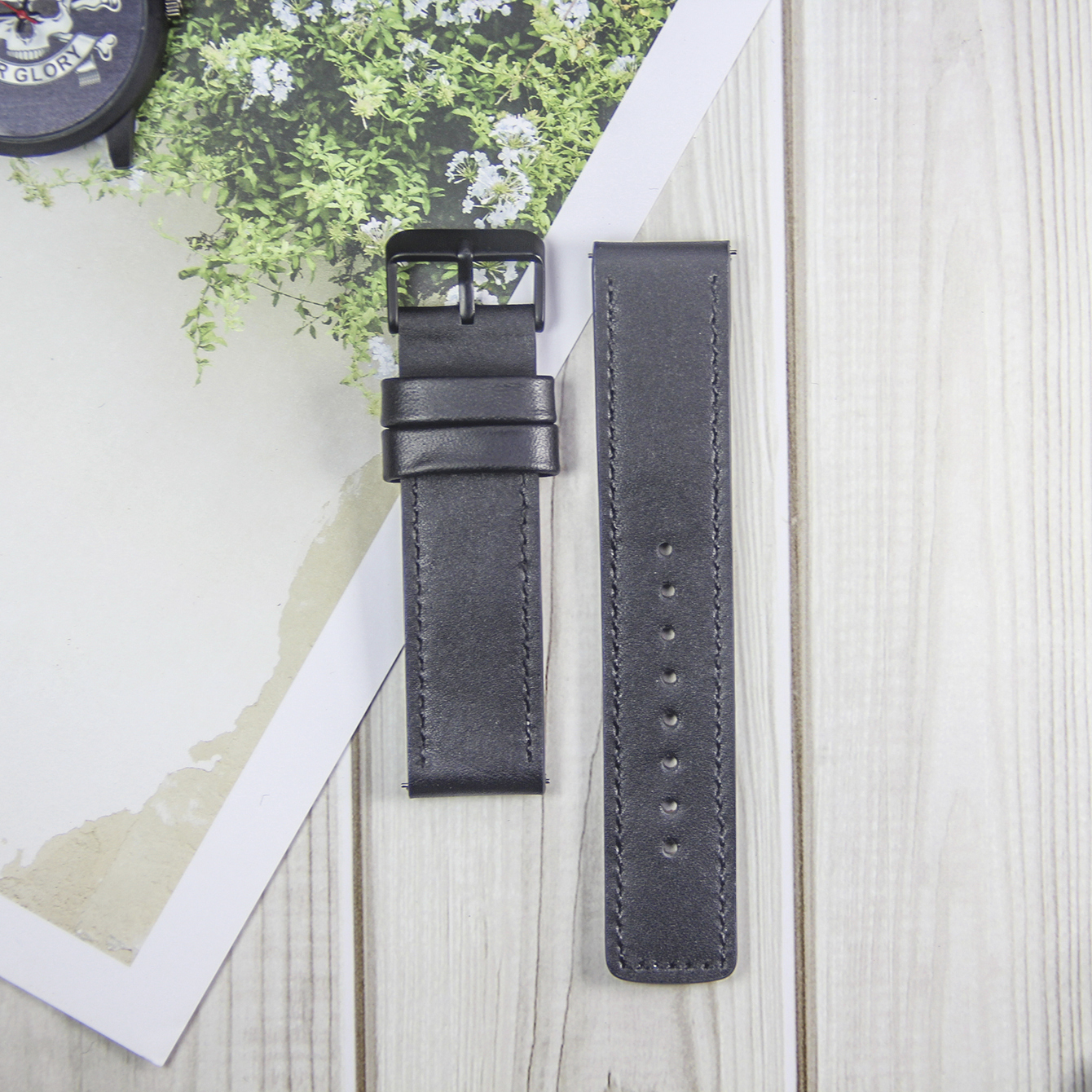 Watch strap, made of genuine leather and stainless steel, with a width of 22/20mm