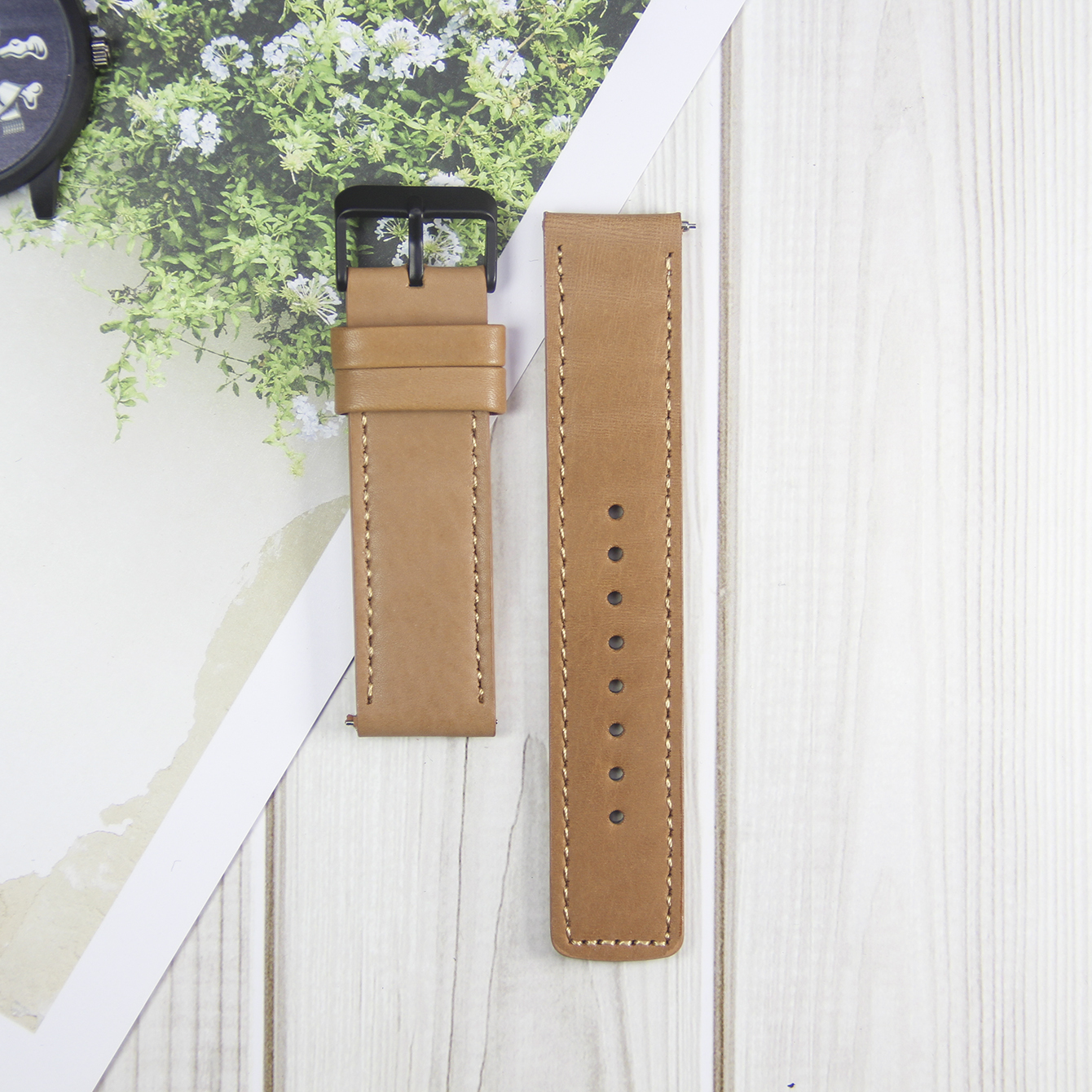 Watch strap, made of genuine leather and stainless steel, with a width of 22/20mm