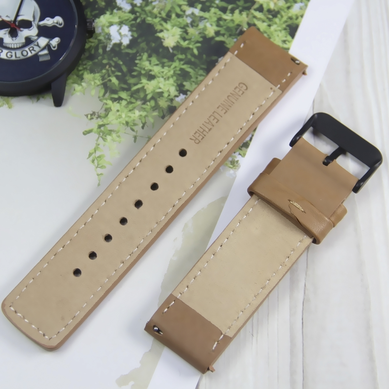 Watch strap, made of genuine leather and stainless steel, with a width of 22/20mm