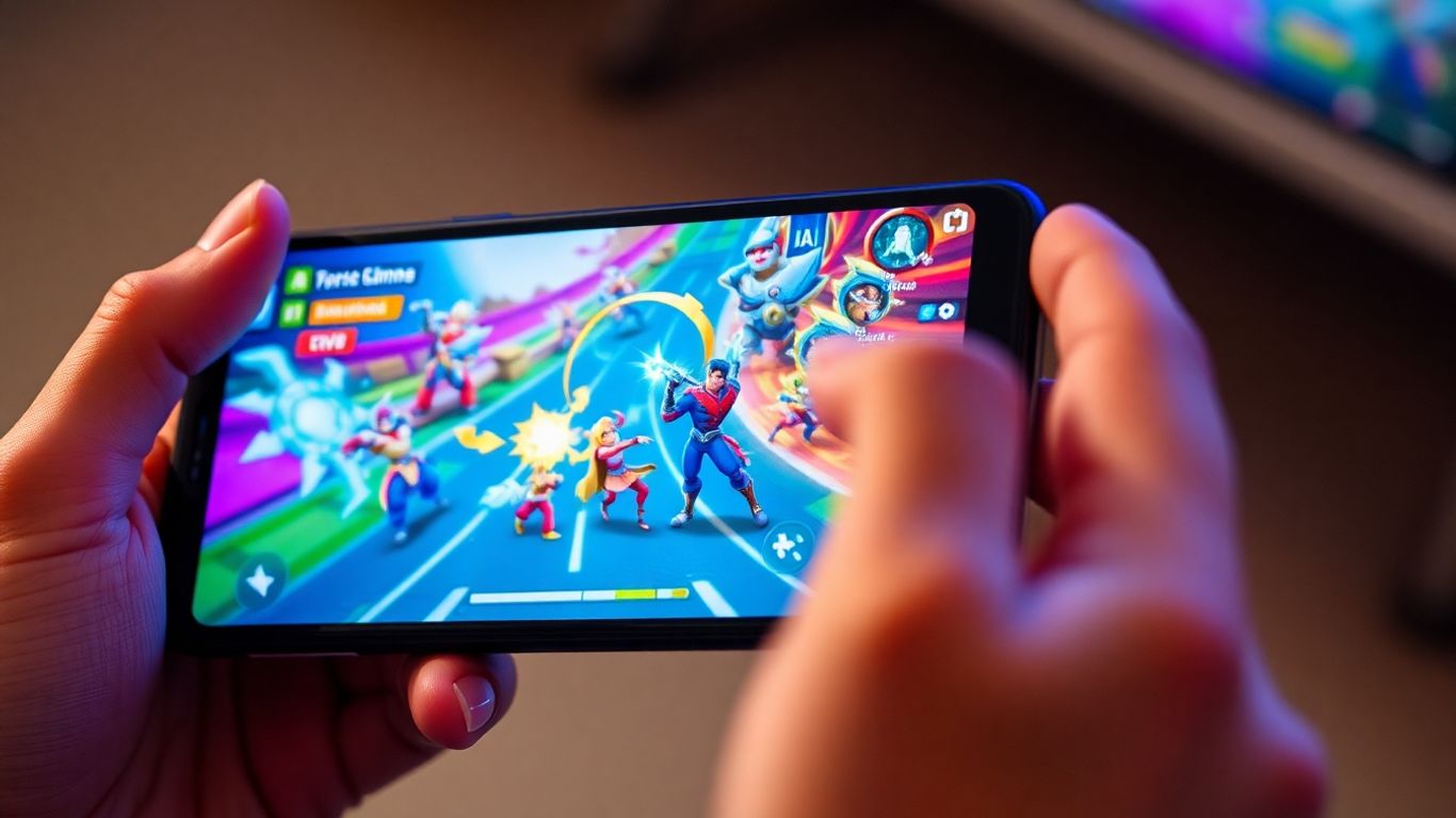 Hand holding smartphone playing colorful mobile game.
