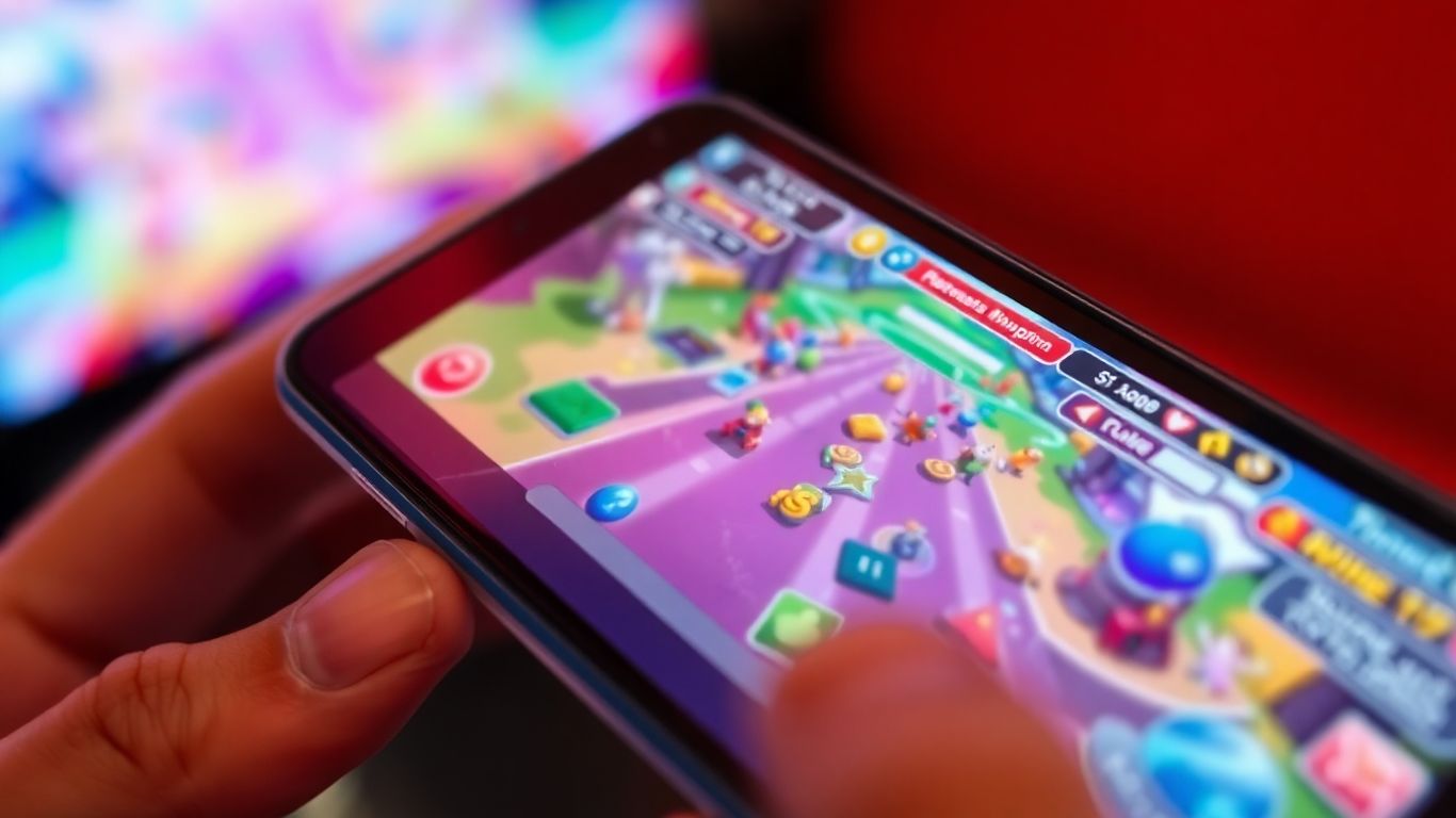 Smartphone screen displaying a colorful mobile game.