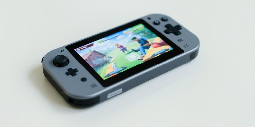 Pocket gaming console with vibrant screen.